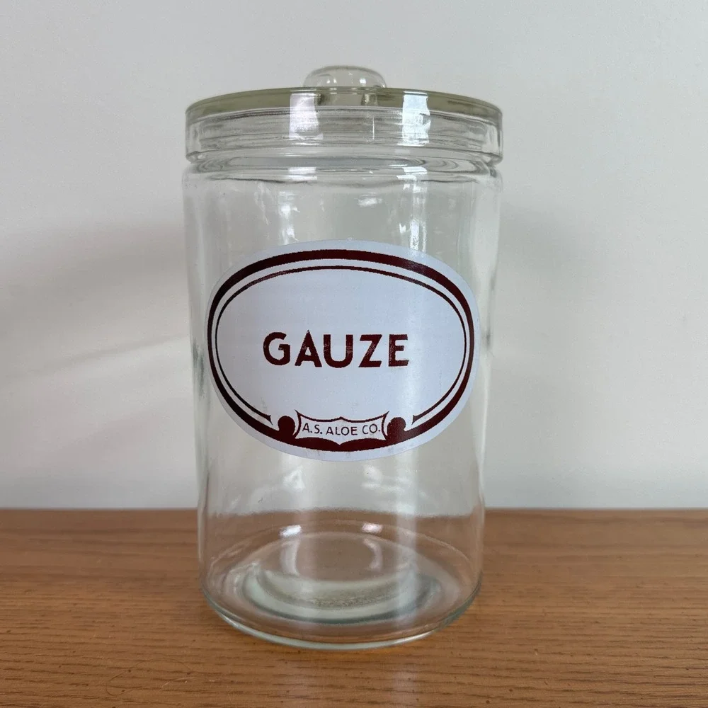 Vintage Apothecary Jar Glass Lid Gauze A.S. ALOE Co Storage Container